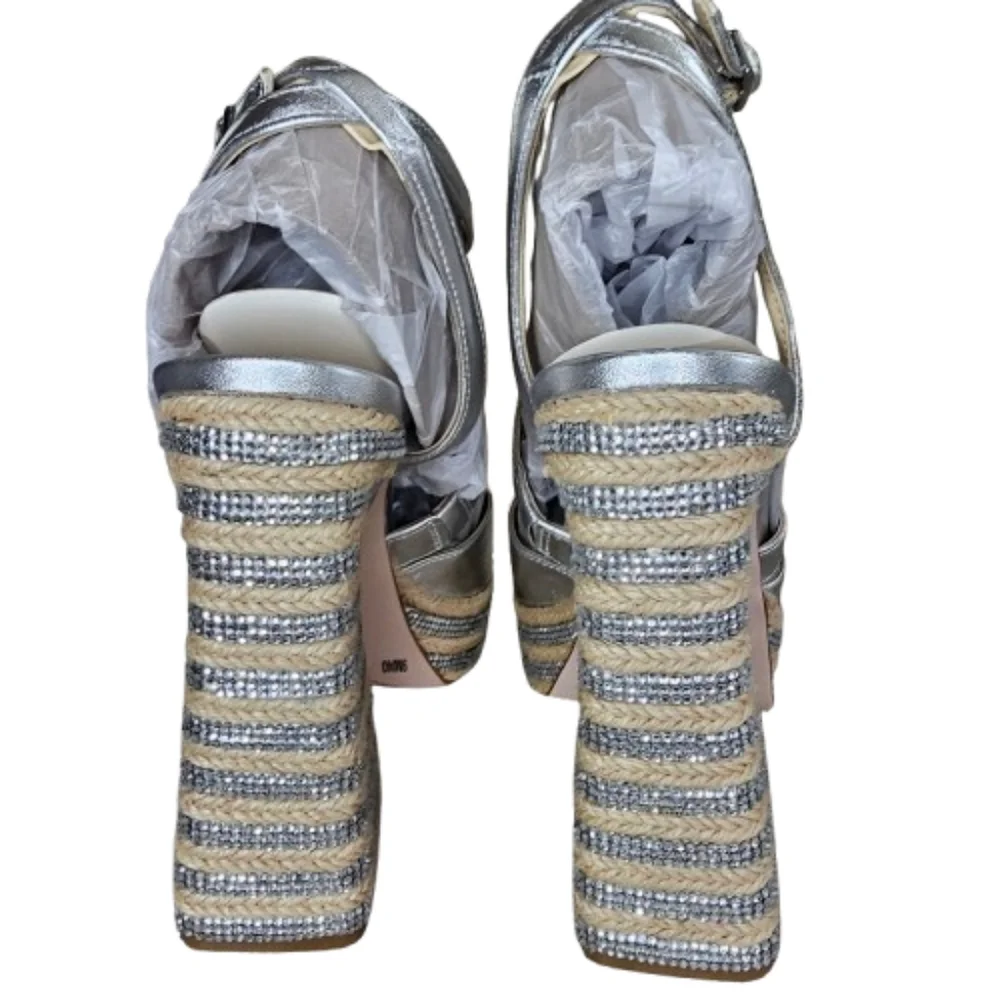 NWT Jessica Simpson Dosia Silver Platform Heels Size 9 Rhinestone Strappy Sandal